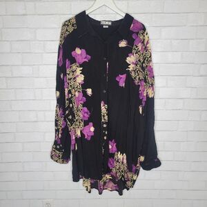 *SET* Bop Vintage Black Purple Floral Crepe Button Down Shirt And Pants